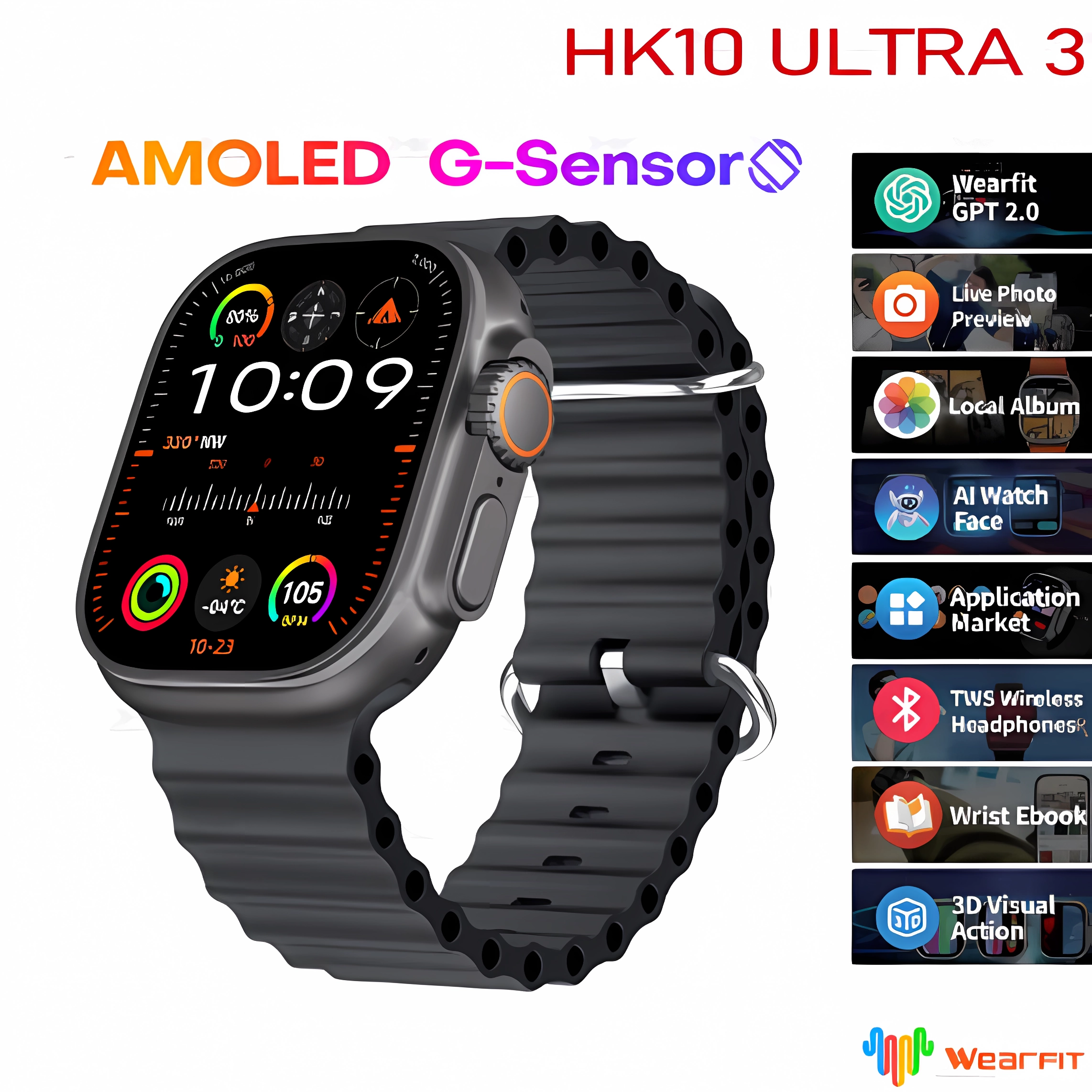 HK10 ULTRA 3 Bluetooth Llamadas Almacenamiento Imagenes Música Amoled